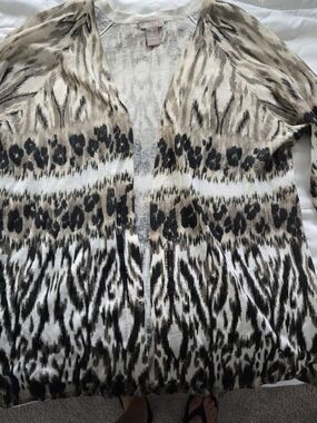 Chico's Animal Print Open Front Cardigan in Cream, Tan & Black